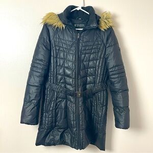 Guess Black Puffer Winter Coat – Women’s Large / Girls XL – Hooded & Belted